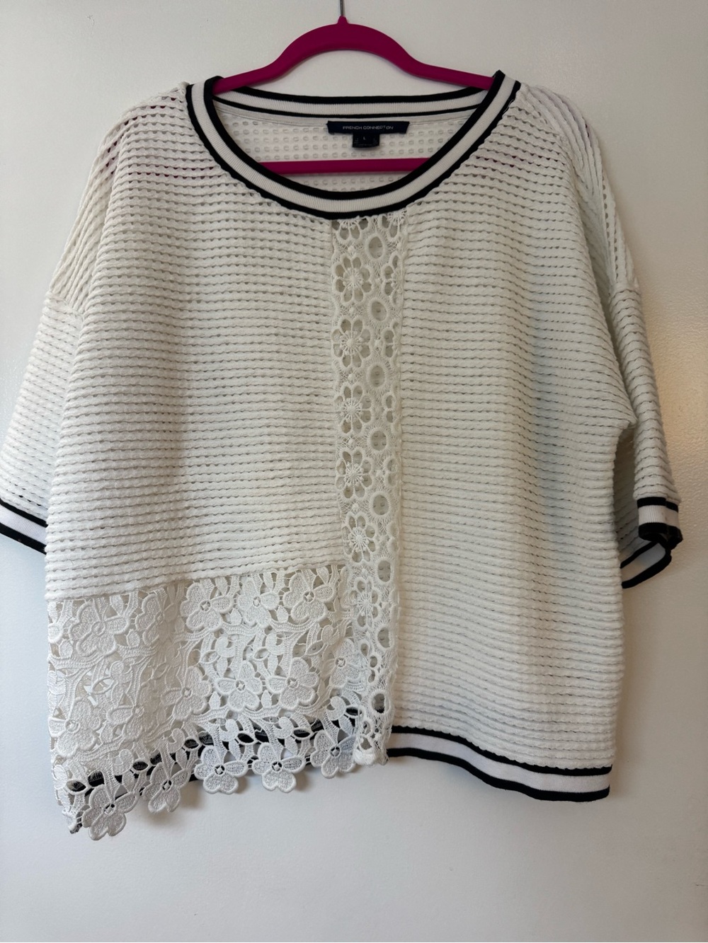 French Connection White Knit Top with Black Trim